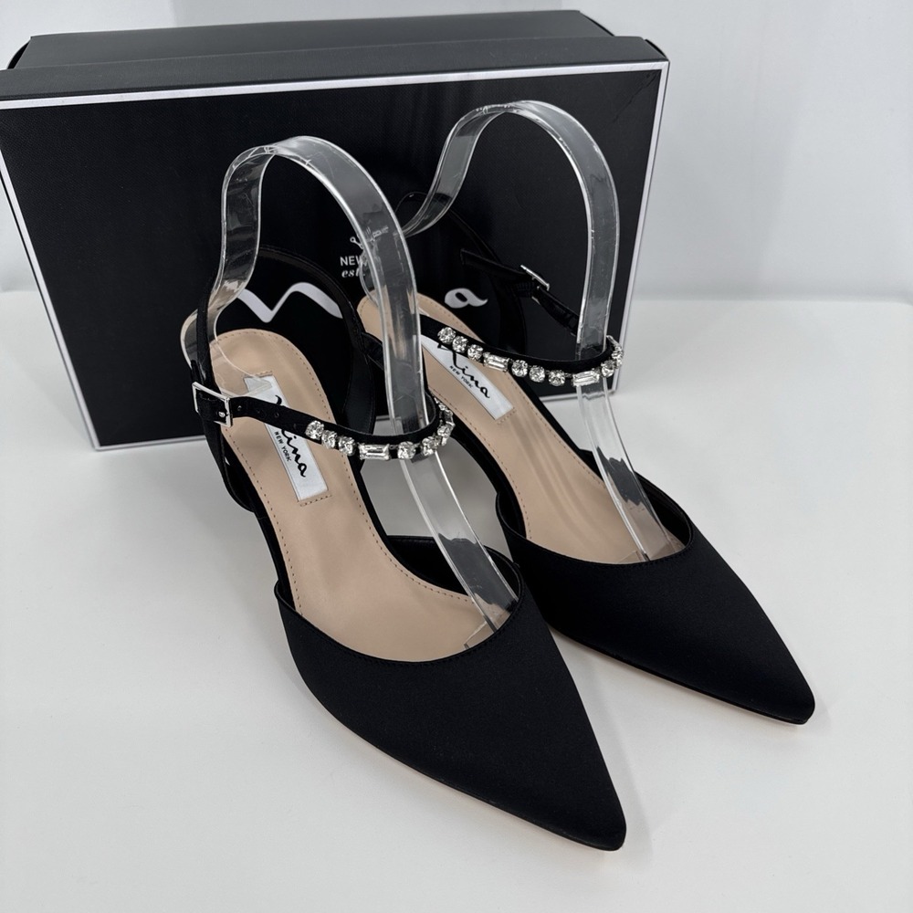 Nina Tucker Women 8M Black Luster Satin Formal Heel Crystals On‎ Ankle Strap NEW - Picture 7 of 7